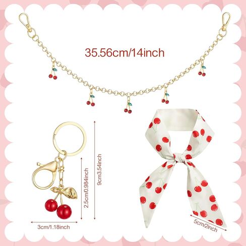 3 Pcs Cherry Bag Charm Set Women Cherry Keychain Gold Double Buckle Key Pendant and Skinny Hair Scarf Trendy Purse Accessories in Saudi Arabia