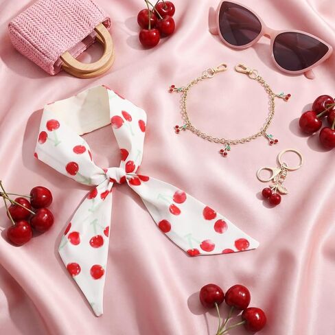 3 Pcs Cherry Bag Charm Set Women Cherry Keychain Gold Double Buckle Key Pendant and Skinny Hair Scarf Trendy Purse Accessories in Saudi Arabia