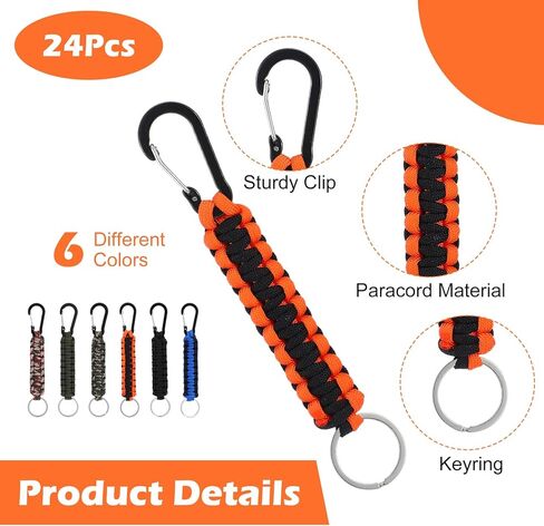 24 Pack Paracord Keychain with Carabiner Braided Lanyard Key Chain Carabiner Clip for Keys Backpack Paracord Keychain Ring for Men Women Heavy Duty Hook for Outdoor Survival Camping Hiking (6 Colors) in Saudi Arabia