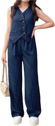 OYOANGLE Girl's Two Piece Striped Outfits Set Sleeveless Button Up Vest Elastic Waist Pants Clothing Set in Saudi Arabia
