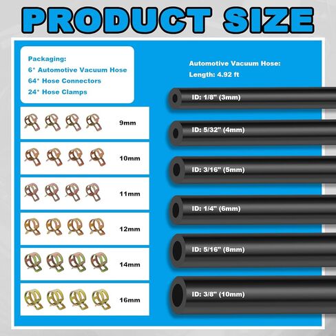 6PCS 5Ft Silicone Vacuum Hose Automotive Kit,ID 3/8",5/16",1/4",3/16",5/32",1/8" Vacuum Lines Automotive with Tee/Straight/Reducer Connector & Clamps,Professional Vacuums Line Kit in Saudi Arabia