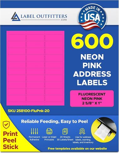 600 Label Outfitters 1" x 2 5/8" Printable Fluorescent Neon Pink Address Labels – 20 Sheets in Kuwait