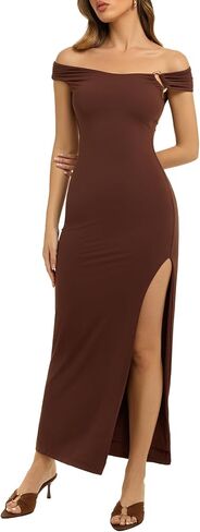 REORIA Women’s Off Shoulder Maxi Dress Bodycon Sleeveless High Slit Evening Party Long Dress in Saudi Arabia