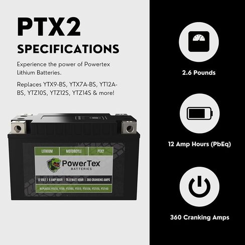 بطارية ليثيوم Powertex للدراجات النارية PTX1 تحل محل YTX4L-BS، YTX5L-BS، YTX7L-BS، YTZ5S، YTZ7S، وYTZ8V - BMS، 210 CCA، تشغيل داخلي، تصميم 4 محطات، أداء عالي وبطارية خفيفة الوزن in Kuwait