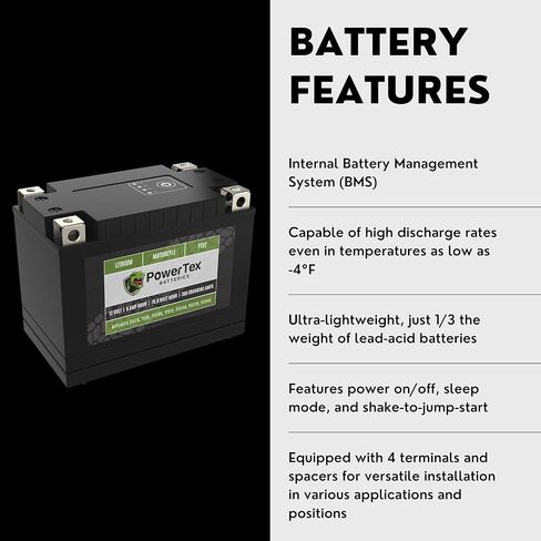 بطارية ليثيوم Powertex للدراجات النارية PTX1 تحل محل YTX4L-BS، YTX5L-BS، YTX7L-BS، YTZ5S، YTZ7S، وYTZ8V - BMS، 210 CCA، تشغيل داخلي، تصميم 4 محطات، أداء عالي وبطارية خفيفة الوزن in Kuwait