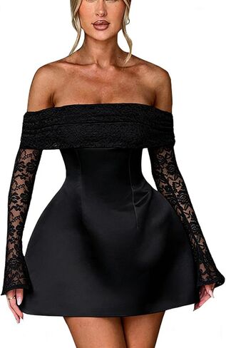 فستان بدون أكتاف للنساء، مقاس نحيف، فساتين قصيرة لحفلات العودة للوطن، مثيرة بسحاب، دانتيل، بأكمام طويلة in Kuwait