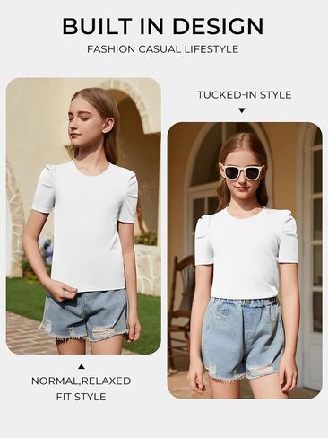 ZDC Girls Puff Short Sleeve T Shirts Kids Summer Ribbed Knit Tops Crewneck Slim Fit Workout Tee in Saudi Arabia