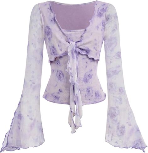 WDIRARA Girl's Floral Long Bell Sleeve T Shirts Ruffle Tie Front Mesh Tops in Saudi Arabia