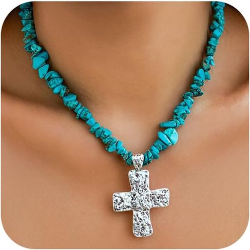 Statement Turquoise Silver Hammered Cross Pendant Choker Necklaces for Women, Boho Irregular Red Green Stone Beads Chain Necklace Western Jewelry Gift in Saudi Arabia