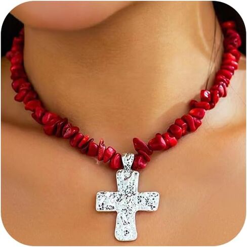 Statement Turquoise Silver Hammered Cross Pendant Choker Necklaces for Women, Boho Irregular Red Green Stone Beads Chain Necklace Western Jewelry Gift in Saudi Arabia