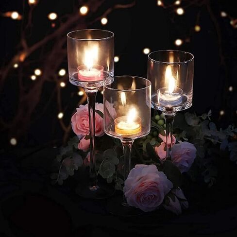 FAVOMOTO Set of 3 Long Tealight Candle Holders, Glass Tall Candle Tea Light Pillar Floating Stands for Valentine's Day Home Party Wedding Table Centerpiece Decor in Saudi Arabia