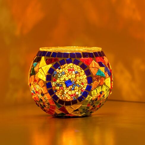 KAFTHAN Mosaic Glass Large Single Candle Holder - Round Bowl, Plant Pot, Votive Candle Holder - Decorative Vase & Unique Centerpiece for Wedding, Ball & Home - (3.7" x 3.5", Multicolor Star Circle) in Saudi Arabia