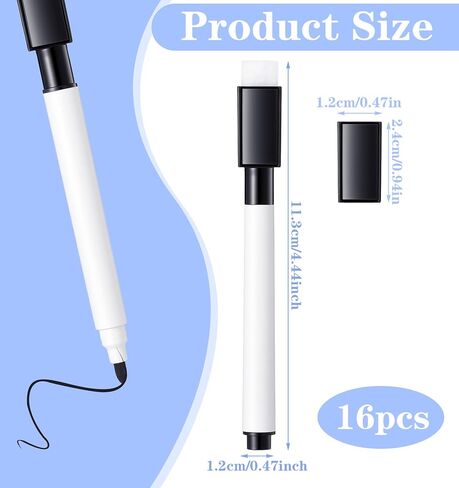 16 Pcs Dry Erase Marker With Eraser, Mini Dry Erase Markers Fine Tip with Eraser Cap, Black Whiteboard Markers for School, Office & Home Supplies in Saudi Arabia