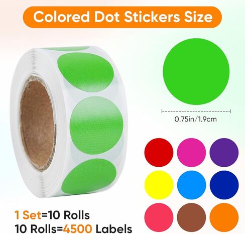 4500 قطعة من ملصقات النقاط الملونة مقاس 3/4 بوصة، ملصقات ترميز الألوان، ملصقات ملصقات ترميز ملونة بنمط 10 ألوان للمكتب، والفصول الدراسية للطلاب، ومبيعات المرآب (10 بكرات، 3/4 بوصة) in Kuwait