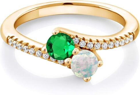 Gem Stone King 18K Yellow Gold Plated Silver Green Nano Emerald and White Opal Bypass Ring For Women | 0.79 Ct | Gemstone Birthstone | Round 4MM | Wedding Engagement Anniversary Promise Ring in Saudi Arabia