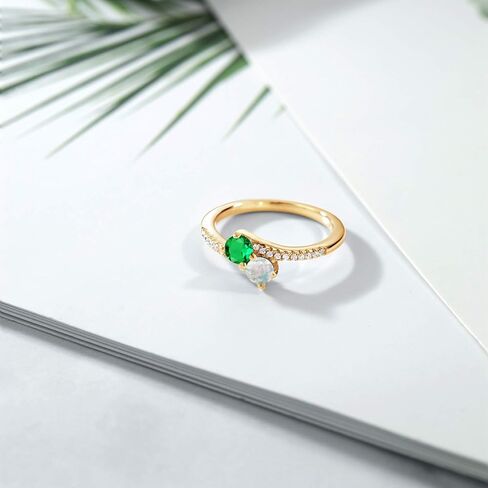 Gem Stone King 18K Yellow Gold Plated Silver Green Nano Emerald and White Opal Bypass Ring For Women | 0.79 Ct | Gemstone Birthstone | Round 4MM | Wedding Engagement Anniversary Promise Ring in Saudi Arabia