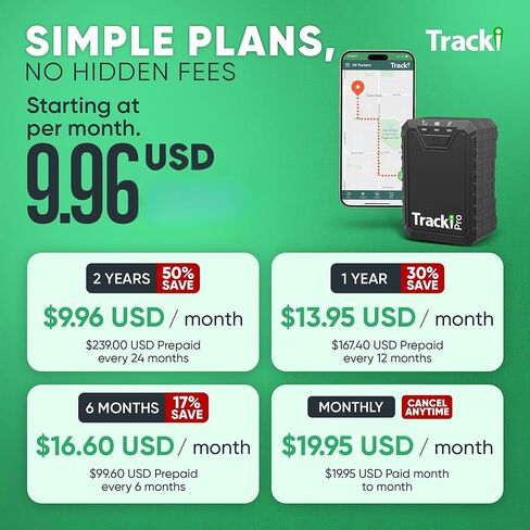 Tracki Pro GPS Tracker للمركبات لمدة تصل إلى 12 شهرًا، أصول مغناطيسية مقاومة للماء، متعقب في الوقت الحقيقي، 4G LTE، عمر بطارية طويل 2-12 شهرًا، مسافة غير محدودة، الاشتراك مطلوب، مراقبة السرعة، سياج جغرافي in Kuwait
