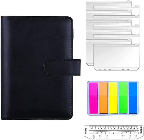 A6 PU Leather Binder Budget Notebook Envelopes Planner Organizer System with 10pcs Zipper Pockets,100 Labels, 1Ruler(Laser Silver) in Saudi Arabia