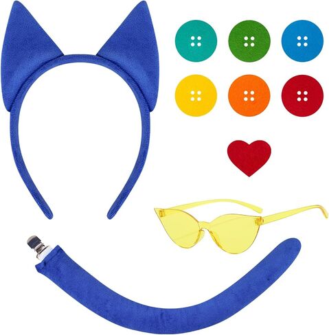 YKYOBFA 11PCS Blue Cat Costume Accessories Blue Cat Accessories with Headband Tail and Clip Heart Button Stickers Yellow Glasses for Book Day Dress Up in Kuwait
