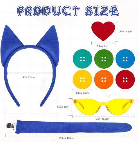 YKYOBFA 11PCS Blue Cat Costume Accessories Blue Cat Accessories with Headband Tail and Clip Heart Button Stickers Yellow Glasses for Book Day Dress Up in Kuwait