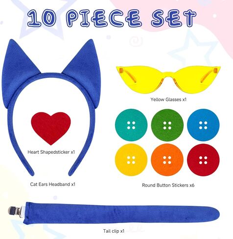 YKYOBFA 11PCS Blue Cat Costume Accessories Blue Cat Accessories with Headband Tail and Clip Heart Button Stickers Yellow Glasses for Book Day Dress Up in Kuwait