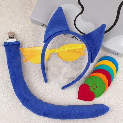 YKYOBFA 11PCS Blue Cat Costume Accessories Blue Cat Accessories with Headband Tail and Clip Heart Button Stickers Yellow Glasses for Book Day Dress Up in Kuwait
