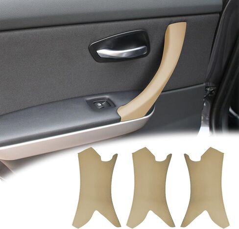 3 قطع غطاء خارجي لمقبض سحب الباب بخياطة يدوية متوافق مع BMW 3 Series E90 E91 E92 E93 2004 2005 2006 2007 2008 2009 2010 2011 2012، تنجيد جلد الفينيل، بيج in Saudi Arabia
