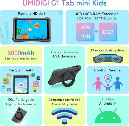 UMIDIGI Kids Tablet WiFi 6 Android 14 G1 Tab Mini Kids 8 inch Full HD, Tablet for Kids 7(3+4) G RAM/TF 1TB, 32G, Parental Control, 5000mAh, EVA Shockproof Case, Kids App Pre-Installed in Kuwait