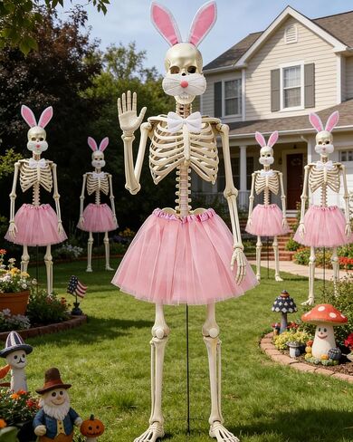 Easter 12 ft Skeleton Costume Accessories 5 PCS Easter Bunny Headband Nose Bowtie Tail Skirt 12 ft Skelly Outfit Decorations for Holiday Easter Skeleton Outdoor Garden Lawn (Easter Bunny) in Saudi Arabia