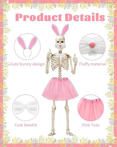 Easter 12 ft Skeleton Costume Accessories 5 PCS Easter Bunny Headband Nose Bowtie Tail Skirt 12 ft Skelly Outfit Decorations for Holiday Easter Skeleton Outdoor Garden Lawn (Easter Bunny) in Saudi Arabia