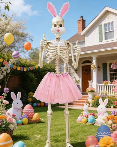 Easter 12 ft Skeleton Costume Accessories 5 PCS Easter Bunny Headband Nose Bowtie Tail Skirt 12 ft Skelly Outfit Decorations for Holiday Easter Skeleton Outdoor Garden Lawn (Easter Bunny) in Saudi Arabia