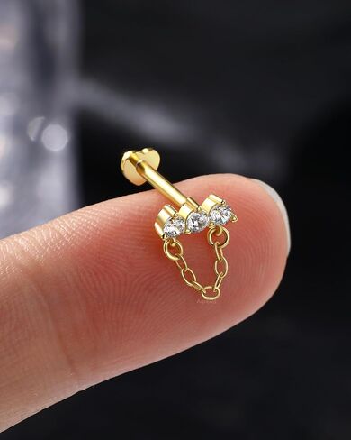 14K Gold Plated Cartilage Earrings Stud 16G 925 Sterling Silver Helix Heart Flat Back Earrings Dangle Internally Thread in Saudi Arabia