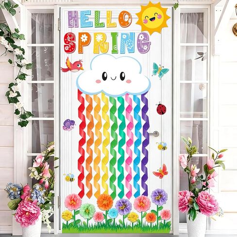 54Pcs Spring Bulletin Board Classroom Decorations 3D Flower Paper Pom Poms Door Decoration Spring 3D Rainbow Paper Cutouts Door Wall Stickers for School Classroom Office Chalkboard Decor in Saudi Arabia