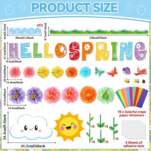 54Pcs Spring Bulletin Board Classroom Decorations 3D Flower Paper Pom Poms Door Decoration Spring 3D Rainbow Paper Cutouts Door Wall Stickers for School Classroom Office Chalkboard Decor in Saudi Arabia