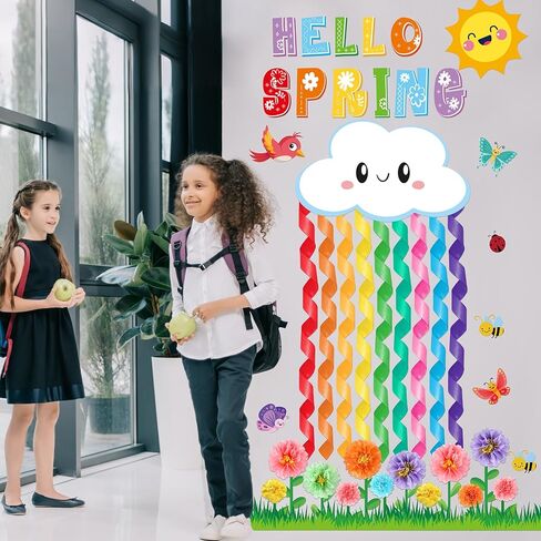 54Pcs Spring Bulletin Board Classroom Decorations 3D Flower Paper Pom Poms Door Decoration Spring 3D Rainbow Paper Cutouts Door Wall Stickers for School Classroom Office Chalkboard Decor in Saudi Arabia