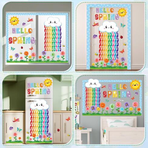 54Pcs Spring Bulletin Board Classroom Decorations 3D Flower Paper Pom Poms Door Decoration Spring 3D Rainbow Paper Cutouts Door Wall Stickers for School Classroom Office Chalkboard Decor in Saudi Arabia
