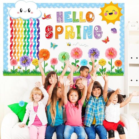 54Pcs Spring Bulletin Board Classroom Decorations 3D Flower Paper Pom Poms Door Decoration Spring 3D Rainbow Paper Cutouts Door Wall Stickers for School Classroom Office Chalkboard Decor in Saudi Arabia
