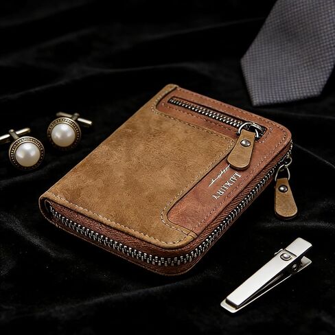 Men's Zipper Short Leather Wallet, Rich Reddish Brown Leather (Reddish Brown) in Saudi Arabia