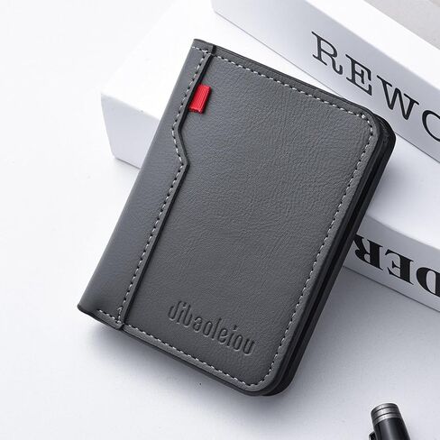 Slim Wallet for Men, Vertical Bifold Mens Wallet with Zipper Coin Pocket, PU Leather Card & Cash Holder with ID Window, Gray in Saudi Arabia
