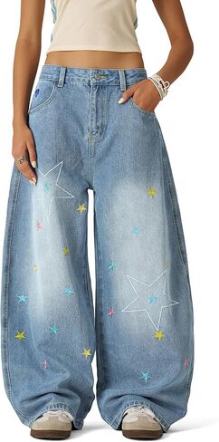 Aelfric Eden Stars Embroidery Baggy Barrel Jeans Wide Leg Y2K Denim Pants Straight Loose Jeans Streetwear Unisex in Saudi Arabia