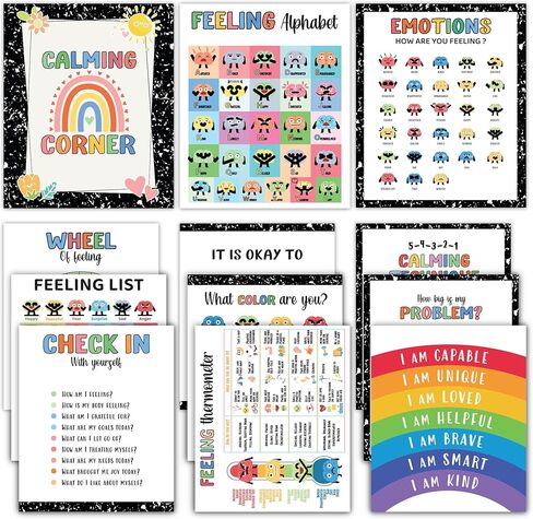Set 12 Calming Corner Posters for Classroom Must Haves For Teachers, Composition Notebook Classroom Decor, 10x12 Calm Down Corner Supplies, Feelings Chart For Kids Ages 4-8, Feelings Wheel Poster in Kuwait