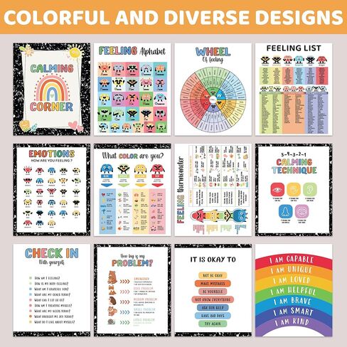 Set 12 Calming Corner Posters for Classroom Must Haves For Teachers, Composition Notebook Classroom Decor, 10x12 Calm Down Corner Supplies, Feelings Chart For Kids Ages 4-8, Feelings Wheel Poster in Kuwait