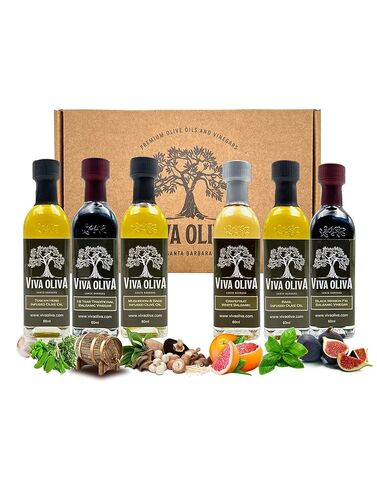 Viva Oliva Six 60ml (2oz) Variety Gift Set - Premium Flavored Extra Virgin Olive Oils (Tuscan Herb, Basil, Mushroom & Sage) and All Natural Balsamic Vinegars (18 Year Traditional, Grapefruit, Black Mission Fig) in Saudi Arabia