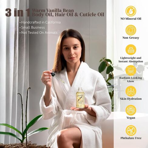 Warm Vanilla Bean Body Oil - Moisturizing Body Oil for Soft, Glowing Skin with Almond & Jojoba Oil (4 fl oz) in Kuwait