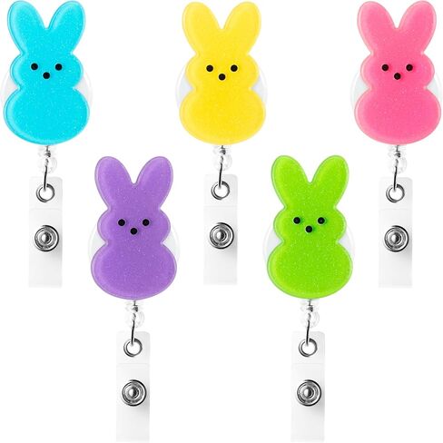 ANGOLIO Easter Bunny Badge Reels Retractable - 5Pcs Nurse Badge Holder with Alligator Clip Glitter Colorful Bunny Peeps Cute Badge Reels ID Badge Clips for Nurse Student Employee Easter Gift in Saudi Arabia