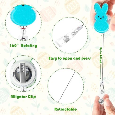 ANGOLIO Easter Bunny Badge Reels Retractable - 5Pcs Nurse Badge Holder with Alligator Clip Glitter Colorful Bunny Peeps Cute Badge Reels ID Badge Clips for Nurse Student Employee Easter Gift in Saudi Arabia