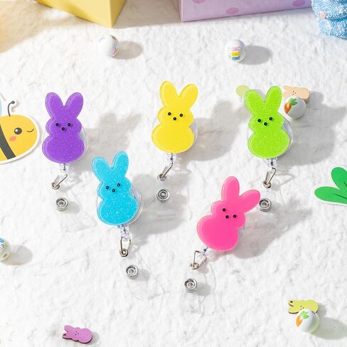 ANGOLIO Easter Bunny Badge Reels Retractable - 5Pcs Nurse Badge Holder with Alligator Clip Glitter Colorful Bunny Peeps Cute Badge Reels ID Badge Clips for Nurse Student Employee Easter Gift in Saudi Arabia