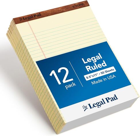 TOPS 8.5 x 11.75 Legal Pads, 12 Pack, The Legal Pad Brand, Wide Ruled, Yellow Paper, 50 Sheets Per Writing Pad, Made in the USA (7532) in Kuwait