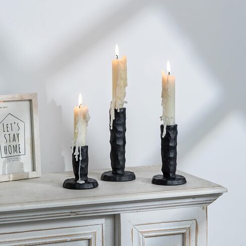 Sziqiqi Black Iron Candlstick Holders: Cast Iron Taper Candle Holder for Candlesticks - Hammered Short Candleholder Set of 3 for Dining Table Mantle Fireplace in Saudi Arabia