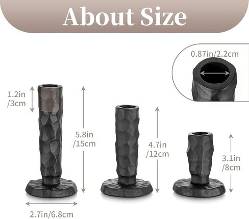 Sziqiqi Black Iron Candlstick Holders: Cast Iron Taper Candle Holder for Candlesticks - Hammered Short Candleholder Set of 3 for Dining Table Mantle Fireplace in Saudi Arabia